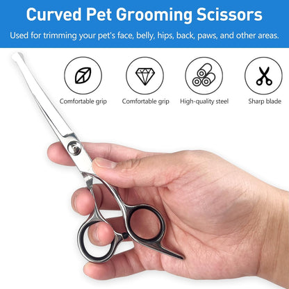 Professional Curved Dog Grooming Scissors with Rounded Tips, Cat Shears, 4CR Stainless Steel Curved Blades, Pet Home Grooming Tools