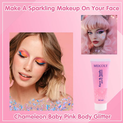 Chameleon Baby Pink Body Glitter,Pink Turn to Purple Face Glitter Paint,Holographic Color Changing Mermaid Hair Glitter Gel for Hair,Self-Adhesive Pink Halloween Glitter for Festival Party