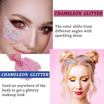 Chameleon Baby Pink Body Glitter,Pink Turn to Purple Face Glitter Paint,Holographic Color Changing Mermaid Hair Glitter Gel for Hair,Self-Adhesive Pink Halloween Glitter for Festival Party