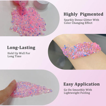 Chameleon Baby Pink Body Glitter,Pink Turn to Purple Face Glitter Paint,Holographic Color Changing Mermaid Hair Glitter Gel for Hair,Self-Adhesive Pink Halloween Glitter for Festival Party