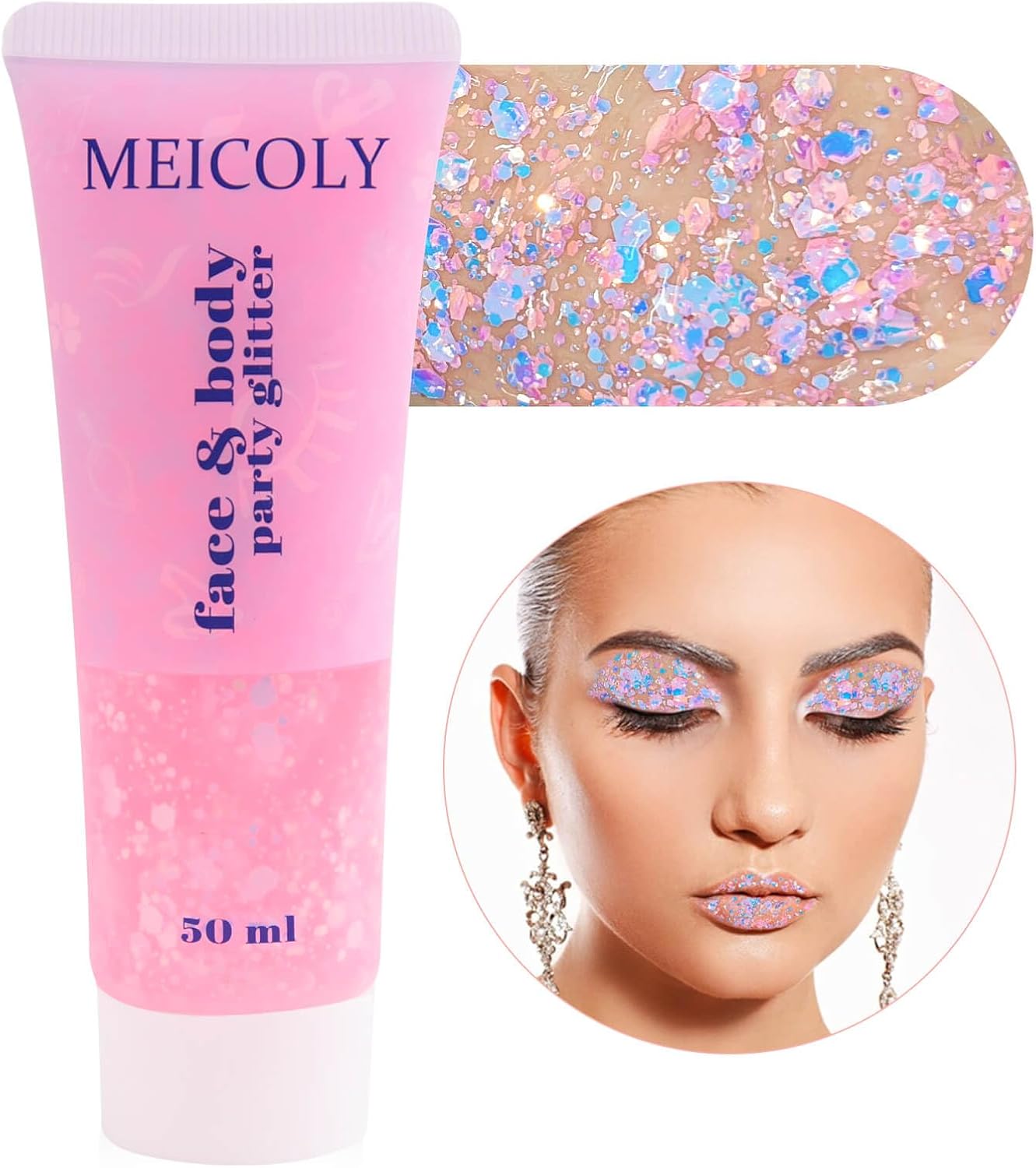 Chameleon Baby Pink Body Glitter,Pink Turn to Purple Face Glitter Paint,Holographic Color Changing Mermaid Hair Glitter Gel for Hair,Self-Adhesive Pink Halloween Glitter for Festival Party