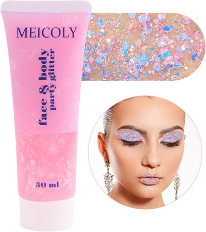 Chameleon Baby Pink Body Glitter,Pink Turn to Purple Face Glitter Paint,Holographic Color Changing Mermaid Hair Glitter Gel for Hair,Self-Adhesive Pink Halloween Glitter for Festival Party