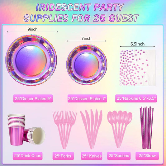 Iridescent Pink Party Supplies Decorations Serve 25, Hot Pink Holographic Paper Plates and Napkins Set, Disposable Pink Paper Plates Cups Knives Spoons Fork for Mermaid Disco Kpop Birthday Party Decor