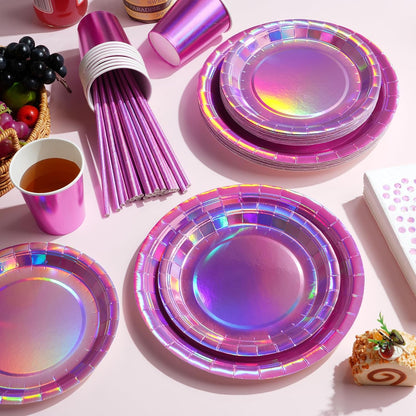 Iridescent Pink Party Supplies Decorations Serve 25, Hot Pink Holographic Paper Plates and Napkins Set, Disposable Pink Paper Plates Cups Knives Spoons Fork for Mermaid Disco Kpop Birthday Party Decor