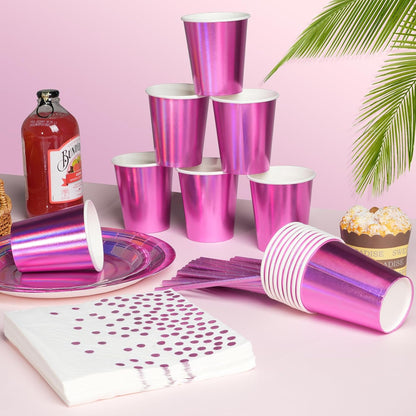 Iridescent Pink Party Supplies Decorations Serve 25, Hot Pink Holographic Paper Plates and Napkins Set, Disposable Pink Paper Plates Cups Knives Spoons Fork for Mermaid Disco Kpop Birthday Party Decor