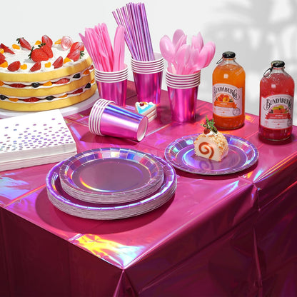 Iridescent Pink Party Supplies Decorations Serve 25, Hot Pink Holographic Paper Plates and Napkins Set, Disposable Pink Paper Plates Cups Knives Spoons Fork for Mermaid Disco Kpop Birthday Party Decor