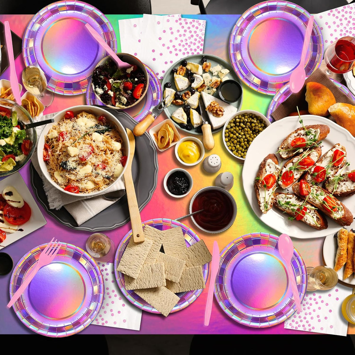 Iridescent Pink Party Supplies Decorations Serve 25, Hot Pink Holographic Paper Plates and Napkins Set, Disposable Pink Paper Plates Cups Knives Spoons Fork for Mermaid Disco Kpop Birthday Party Decor