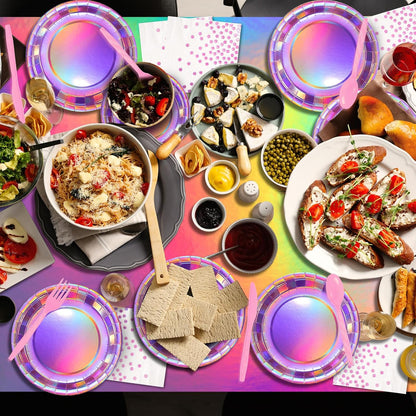 Iridescent Pink Party Supplies Decorations Serve 25, Hot Pink Holographic Paper Plates and Napkins Set, Disposable Pink Paper Plates Cups Knives Spoons Fork for Mermaid Disco Kpop Birthday Party Decor