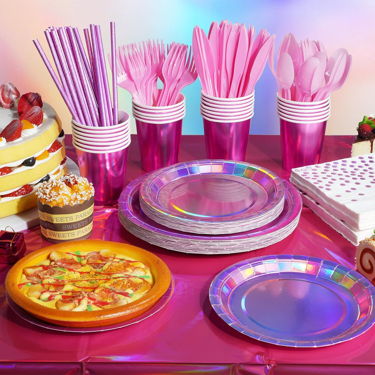 Iridescent Pink Party Supplies Decorations Serve 25, Hot Pink Holographic Paper Plates and Napkins Set, Disposable Pink Paper Plates Cups Knives Spoons Fork for Mermaid Disco Kpop Birthday Party Decor