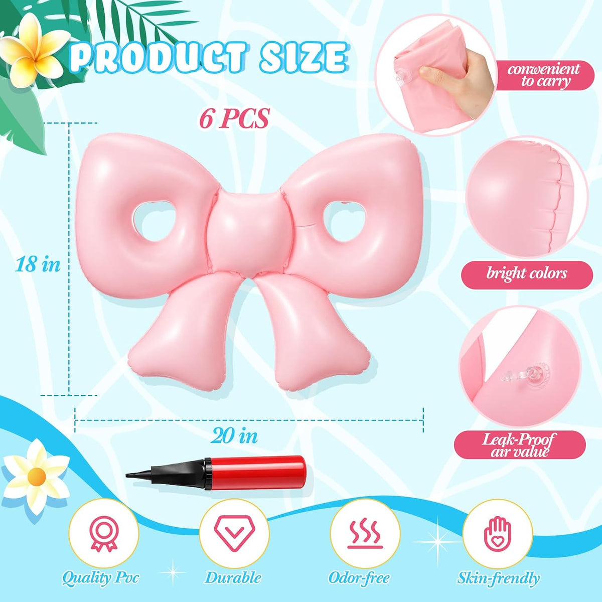Inflatable 6 Pcs Pink Bow Pool Floats with Pump for Adults, Large Pink Bow-heart PVC Balloons Pool Party Decor for Summer Swimming Birthday Wedding Baby Shower Gender Reveal Bridal