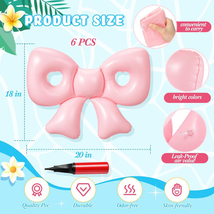 Inflatable 6 Pcs Pink Bow Pool Floats with Pump for Adults, Large Pink Bow-heart PVC Balloons Pool Party Decor for Summer Swimming Birthday Wedding Baby Shower Gender Reveal Bridal