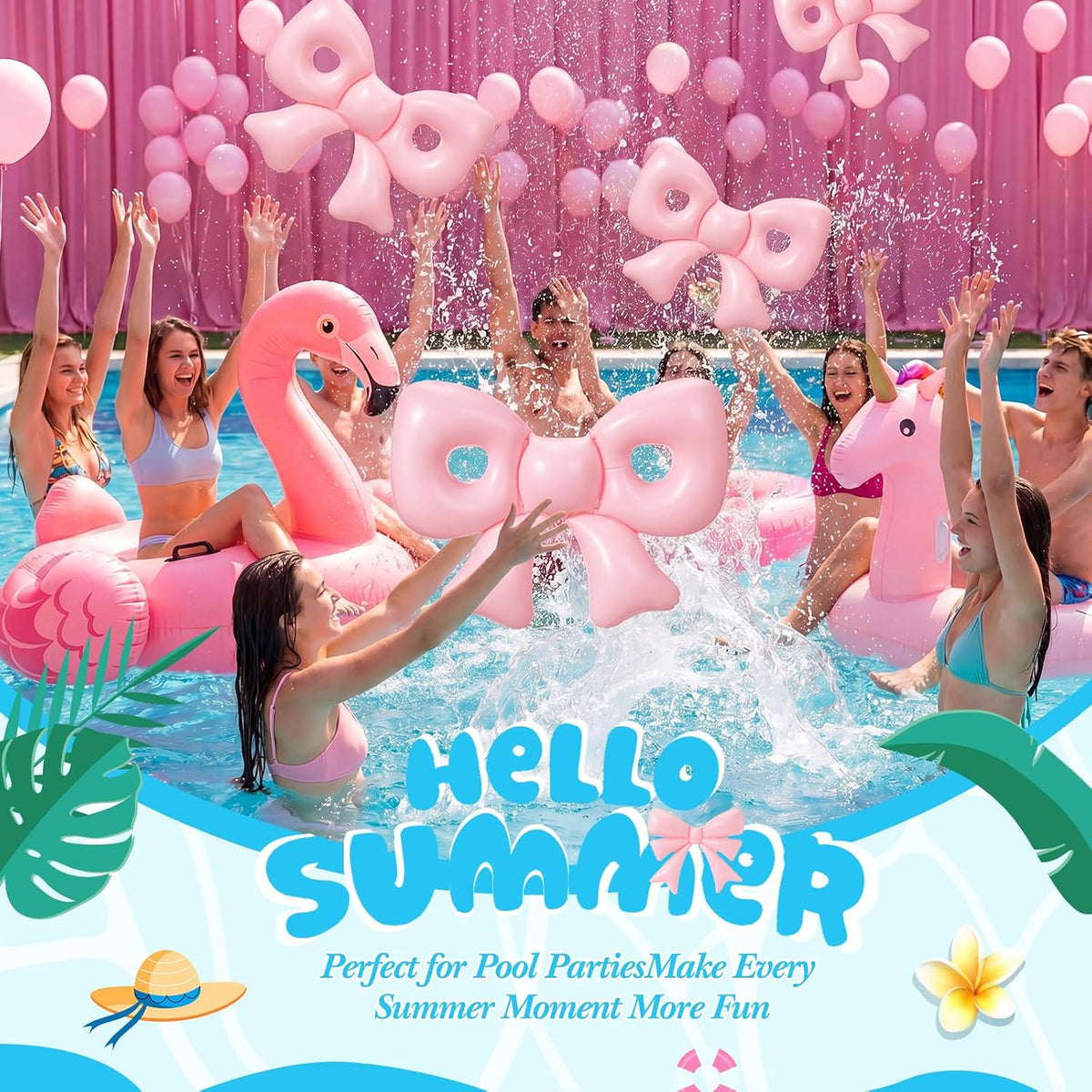Inflatable 6 Pcs Pink Bow Pool Floats with Pump for Adults, Large Pink Bow-heart PVC Balloons Pool Party Decor for Summer Swimming Birthday Wedding Baby Shower Gender Reveal Bridal