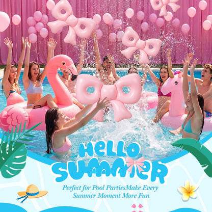 Inflatable 6 Pcs Pink Bow Pool Floats with Pump for Adults, Large Pink Bow-heart PVC Balloons Pool Party Decor for Summer Swimming Birthday Wedding Baby Shower Gender Reveal Bridal