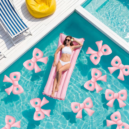 Inflatable 6 Pcs Pink Bow Pool Floats with Pump for Adults, Large Pink Bow-heart PVC Balloons Pool Party Decor for Summer Swimming Birthday Wedding Baby Shower Gender Reveal Bridal