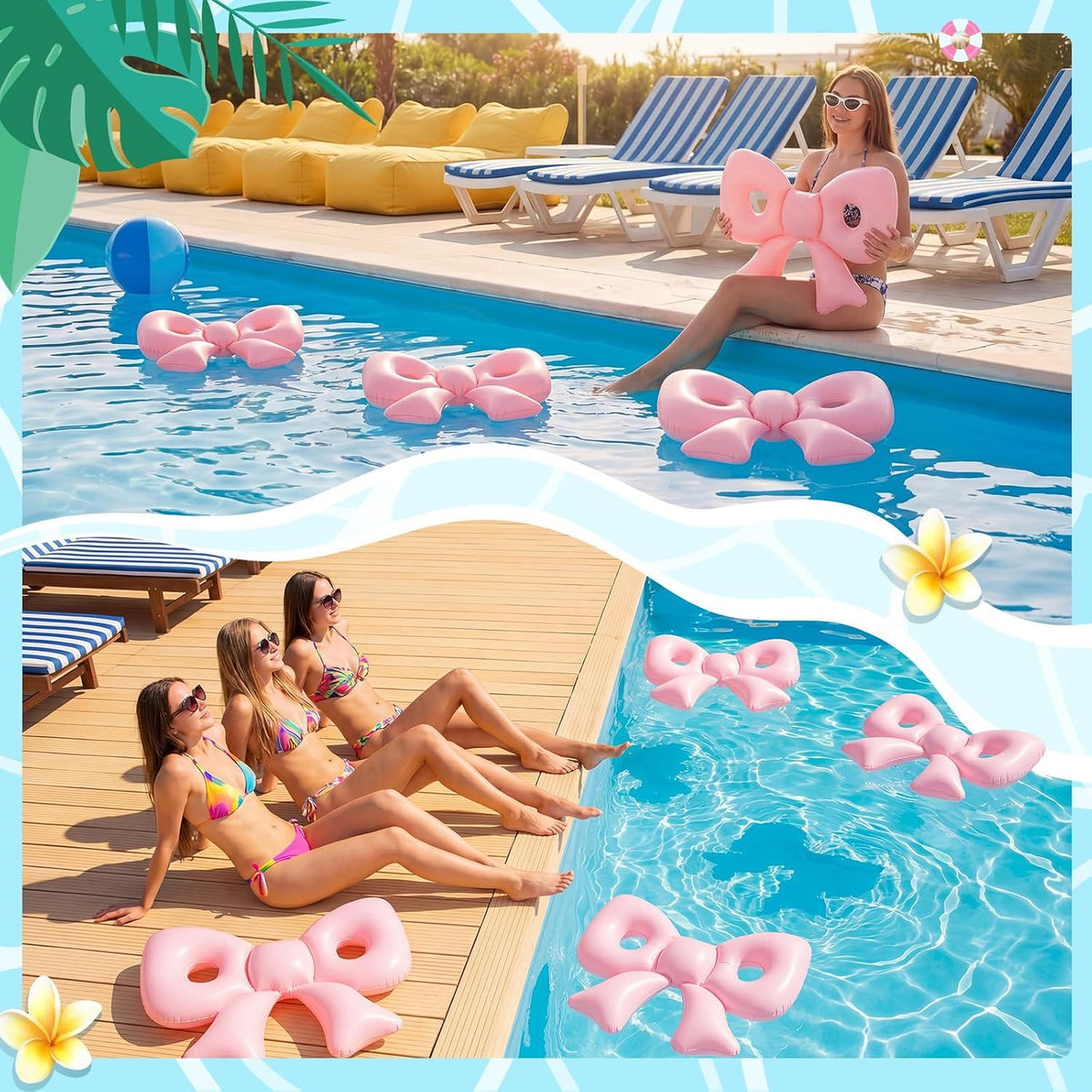 Inflatable 6 Pcs Pink Bow Pool Floats with Pump for Adults, Large Pink Bow-heart PVC Balloons Pool Party Decor for Summer Swimming Birthday Wedding Baby Shower Gender Reveal Bridal
