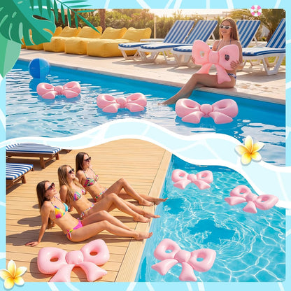 Inflatable 6 Pcs Pink Bow Pool Floats with Pump for Adults, Large Pink Bow-heart PVC Balloons Pool Party Decor for Summer Swimming Birthday Wedding Baby Shower Gender Reveal Bridal