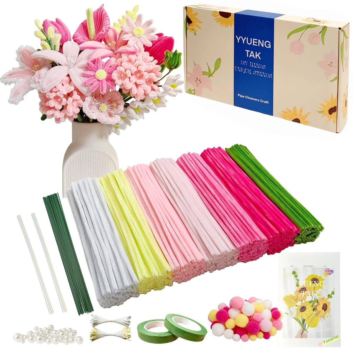 500 Pcs Gradient Pink Pipe Cleaners Flower kit,Chenille Stems for DIY Art Projects Creative Gift,Pipe Cleaners Craft with tutoria,Pearls,Pompoms,Green Floral Wires,Gardening Tape,Stamen