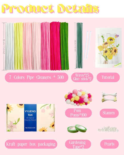 500 Pcs Gradient Pink Pipe Cleaners Flower kit,Chenille Stems for DIY Art Projects Creative Gift,Pipe Cleaners Craft with tutoria,Pearls,Pompoms,Green Floral Wires,Gardening Tape,Stamen