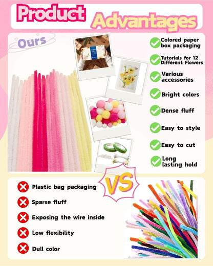 500 Pcs Gradient Pink Pipe Cleaners Flower kit,Chenille Stems for DIY Art Projects Creative Gift,Pipe Cleaners Craft with tutoria,Pearls,Pompoms,Green Floral Wires,Gardening Tape,Stamen
