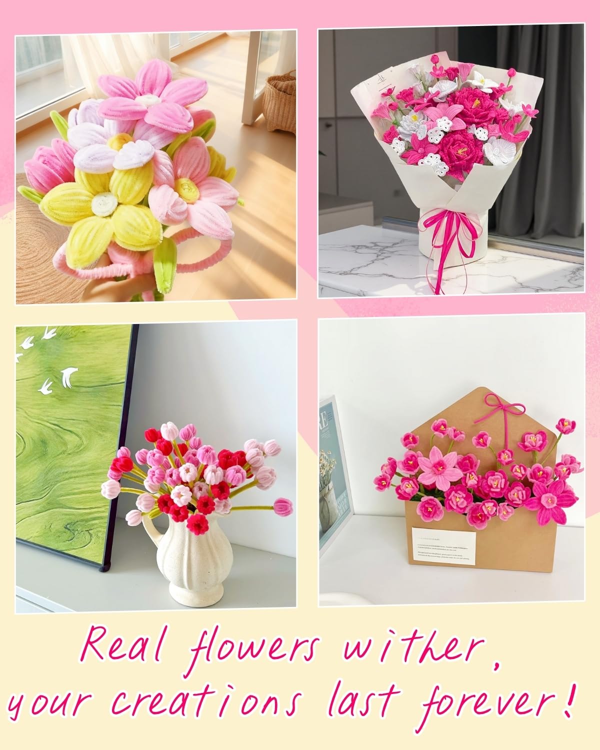 500 Pcs Gradient Pink Pipe Cleaners Flower kit,Chenille Stems for DIY Art Projects Creative Gift,Pipe Cleaners Craft with tutoria,Pearls,Pompoms,Green Floral Wires,Gardening Tape,Stamen