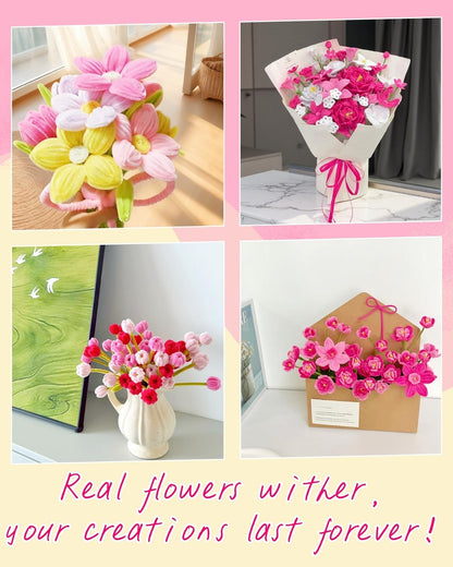 500 Pcs Gradient Pink Pipe Cleaners Flower kit,Chenille Stems for DIY Art Projects Creative Gift,Pipe Cleaners Craft with tutoria,Pearls,Pompoms,Green Floral Wires,Gardening Tape,Stamen