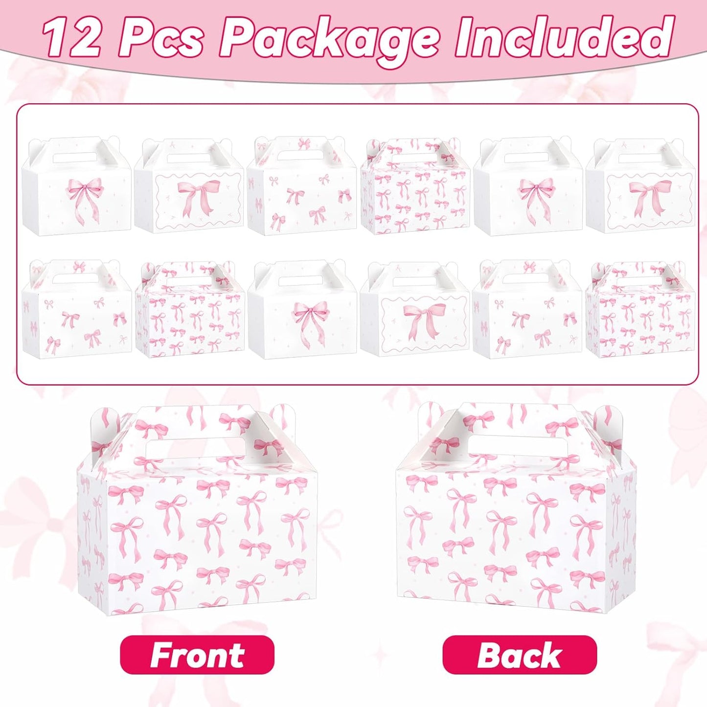 12Pcs Pink Bow Treat Boxes Party Supplies Bow Party Favors Goodie Gift Boxes Bows themed Treat Candy Box for Birthday Bachelorette Engagement Baby Bridal Shower Decorations Supplies