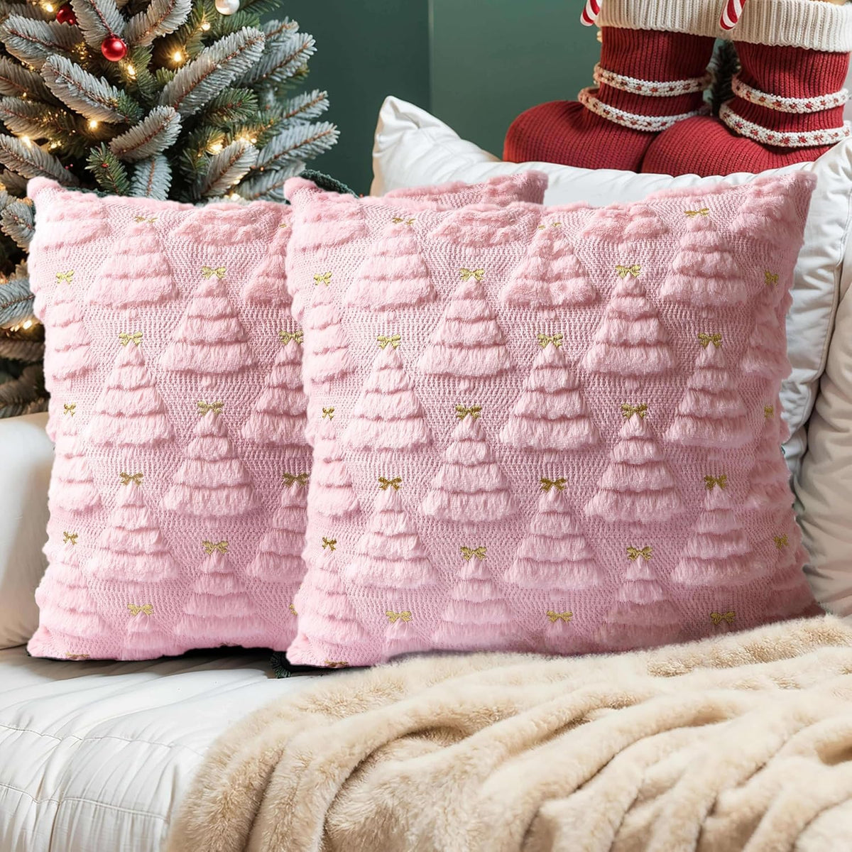 Christmas Pillow Covers Set of 2 Soft Plush Faux Fur Pillow Cases 3D Embroidered Decorative Couch Cover Home Decor Christmas Throw Pillow Covers 18x18,Light Pink