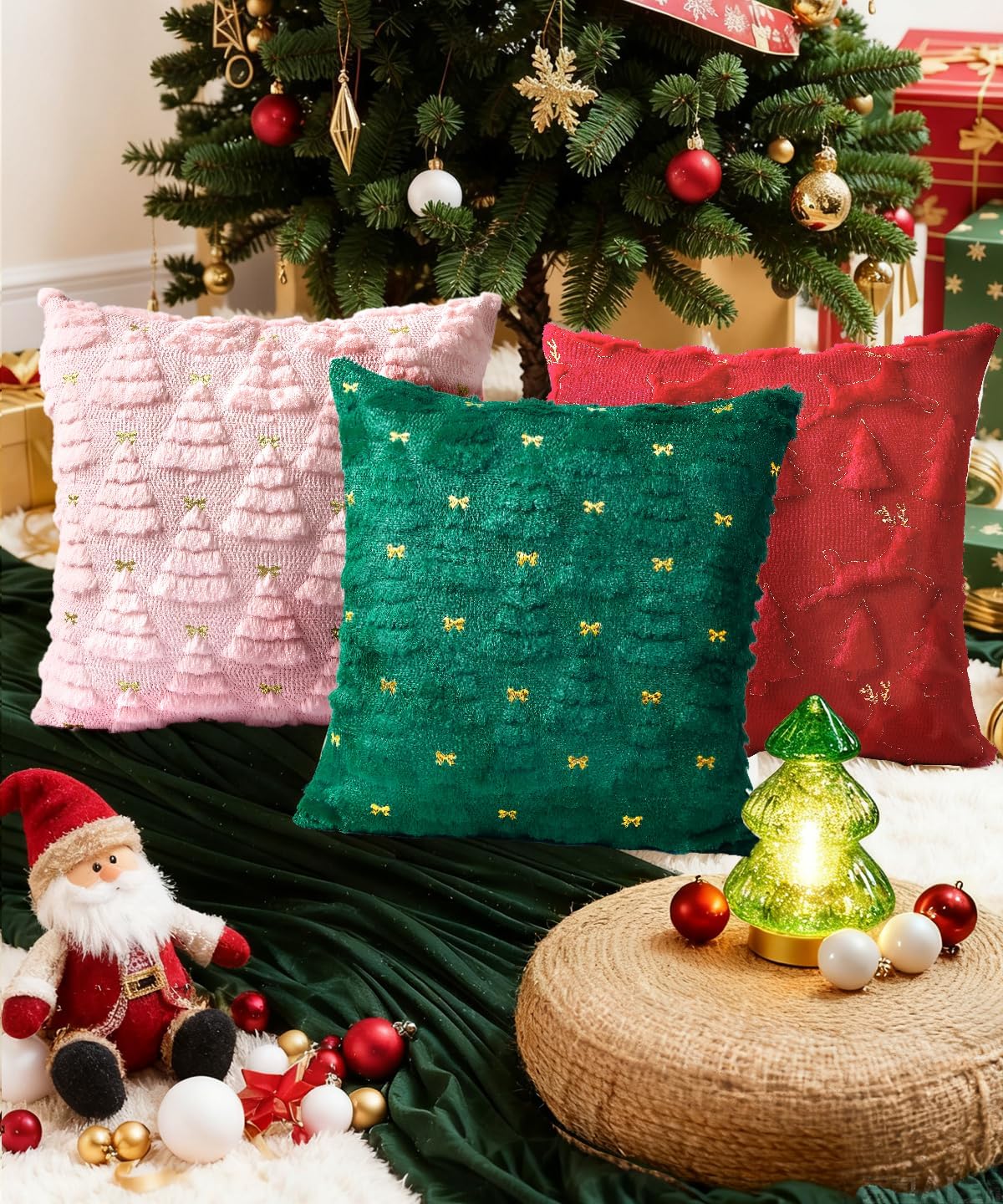 Christmas Pillow Covers Set of 2 Soft Plush Faux Fur Pillow Cases 3D Embroidered Decorative Couch Cover Home Decor Christmas Throw Pillow Covers 18x18,Light Pink