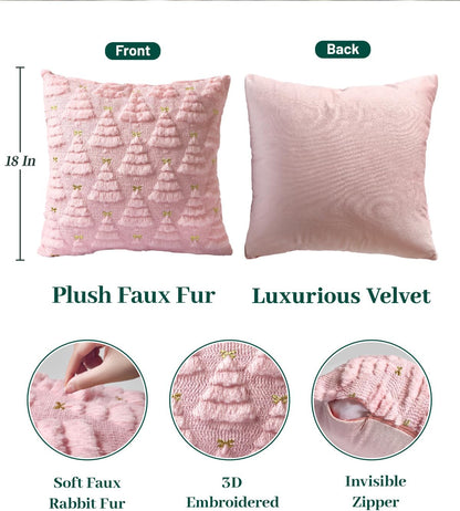 Christmas Pillow Covers Set of 2 Soft Plush Faux Fur Pillow Cases 3D Embroidered Decorative Couch Cover Home Decor Christmas Throw Pillow Covers 18x18,Light Pink