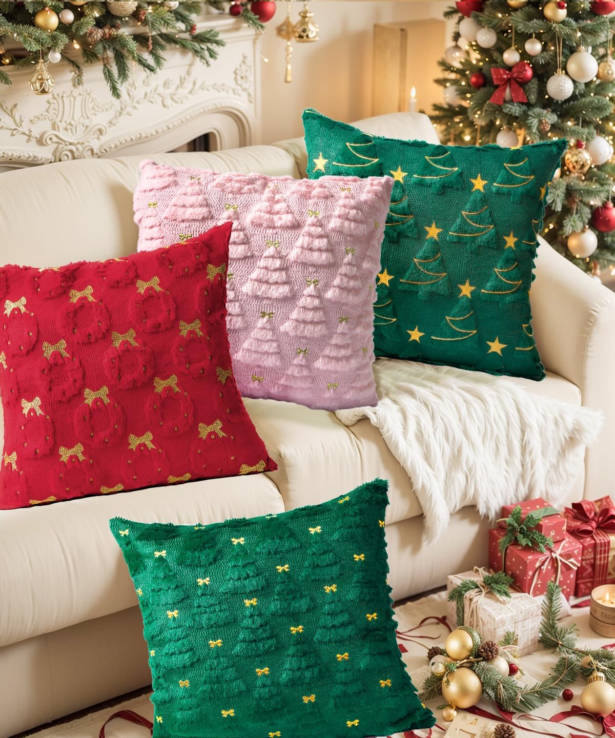 Christmas Pillow Covers Set of 2 Soft Plush Faux Fur Pillow Cases 3D Embroidered Decorative Couch Cover Home Decor Christmas Throw Pillow Covers 18x18,Light Pink