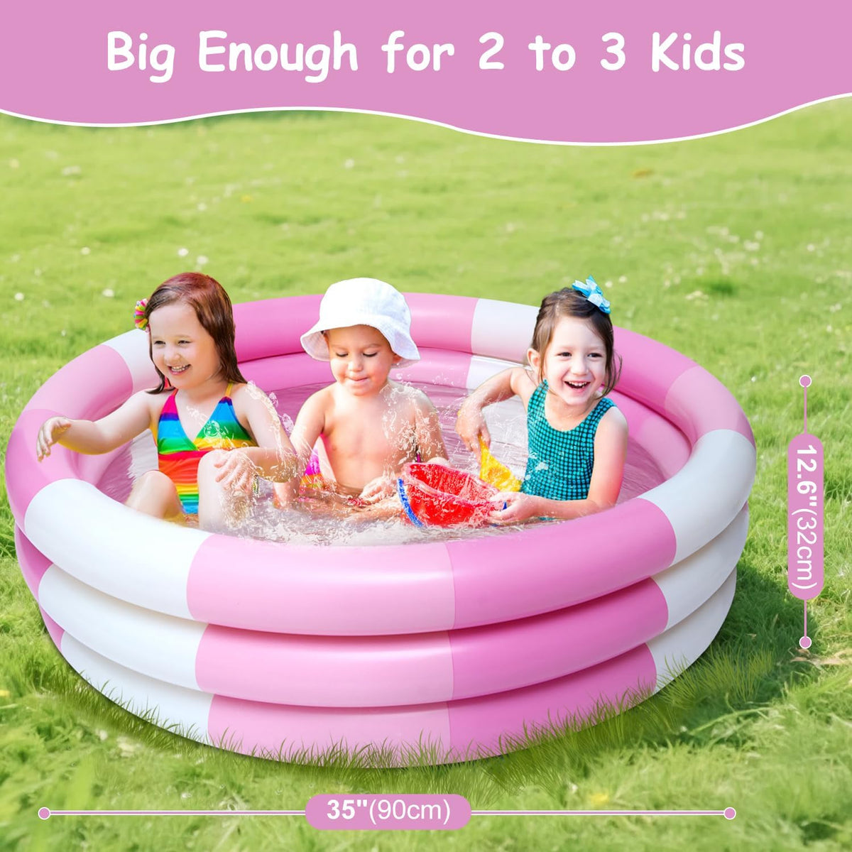 Inflatable Kiddie Pool, 3 Rings Round Blow up Swimming Pool for Baby Kids, Portable Toddler Stripe Water Splash Play Toys for Summer Backyard Party Birthday Gifts