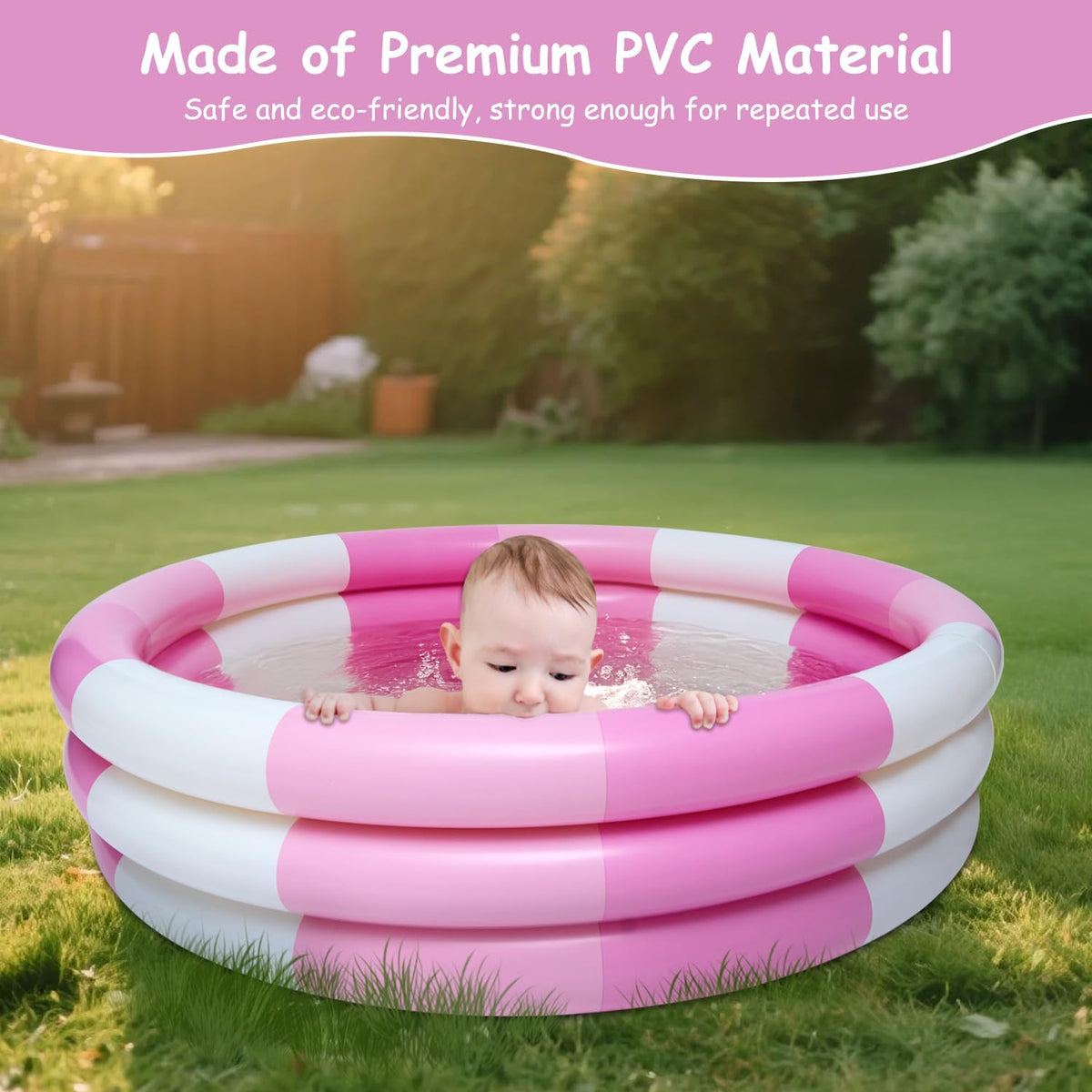 Inflatable Kiddie Pool, 3 Rings Round Blow up Swimming Pool for Baby Kids, Portable Toddler Stripe Water Splash Play Toys for Summer Backyard Party Birthday Gifts