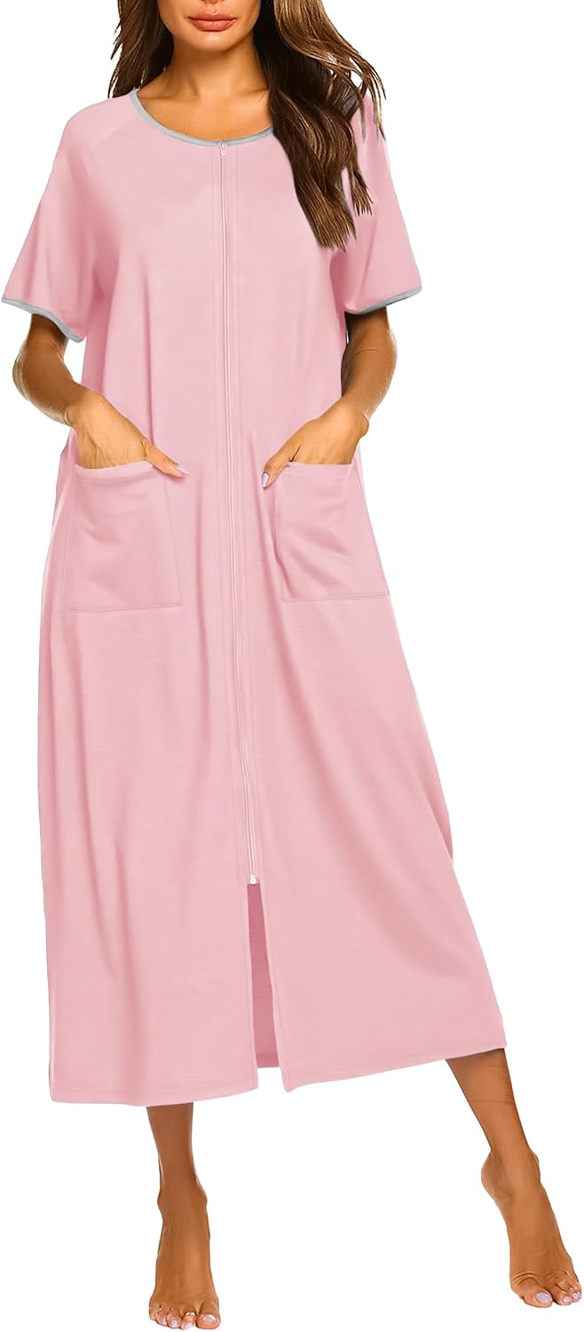 Women Robe Zipper Short Sleeves Full Length House Coat with Pockets