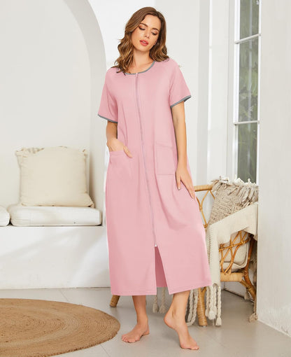 Women Robe Zipper Short Sleeves Full Length House Coat with Pockets