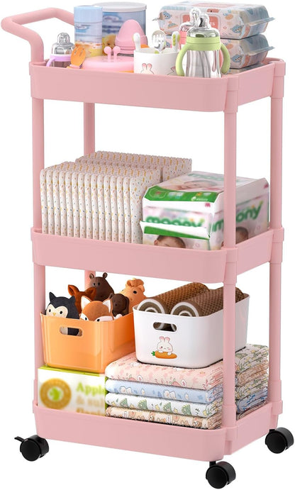 Diaper Caddy, 3 Tier Rolling Cart for Baby Essentials, Pink