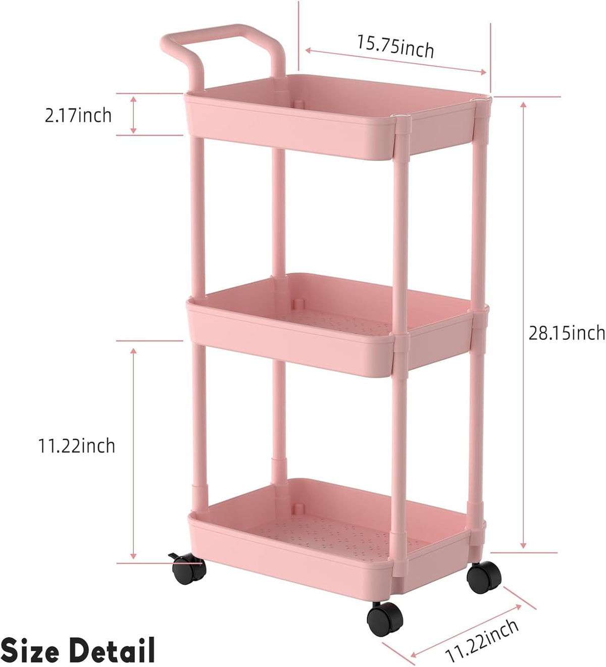 Diaper Caddy, 3 Tier Rolling Cart for Baby Essentials, Pink