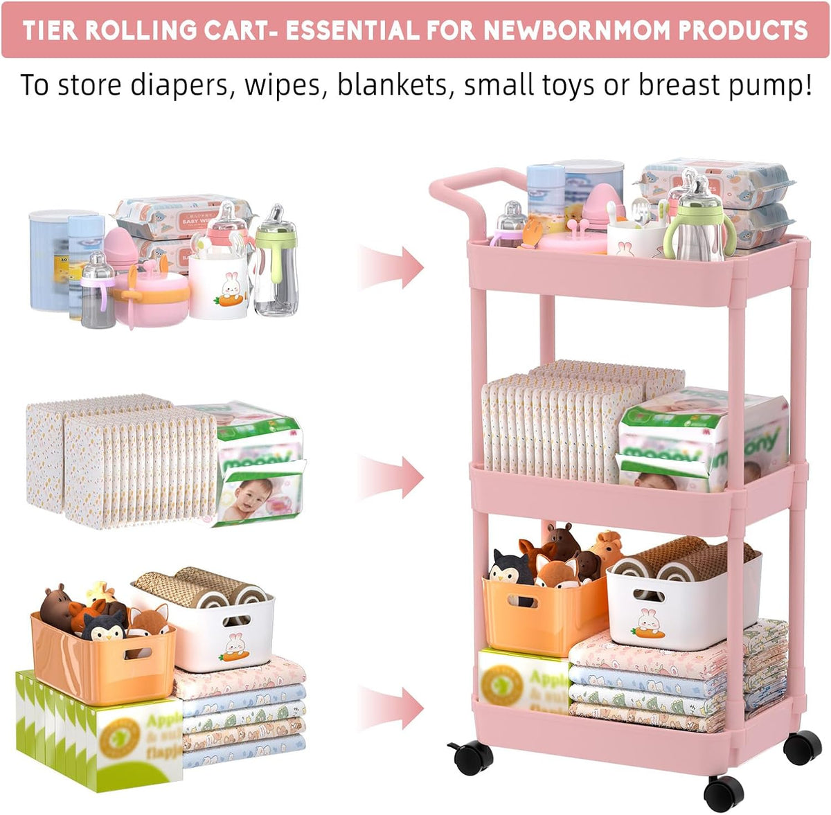 Diaper Caddy, 3 Tier Rolling Cart for Baby Essentials, Pink