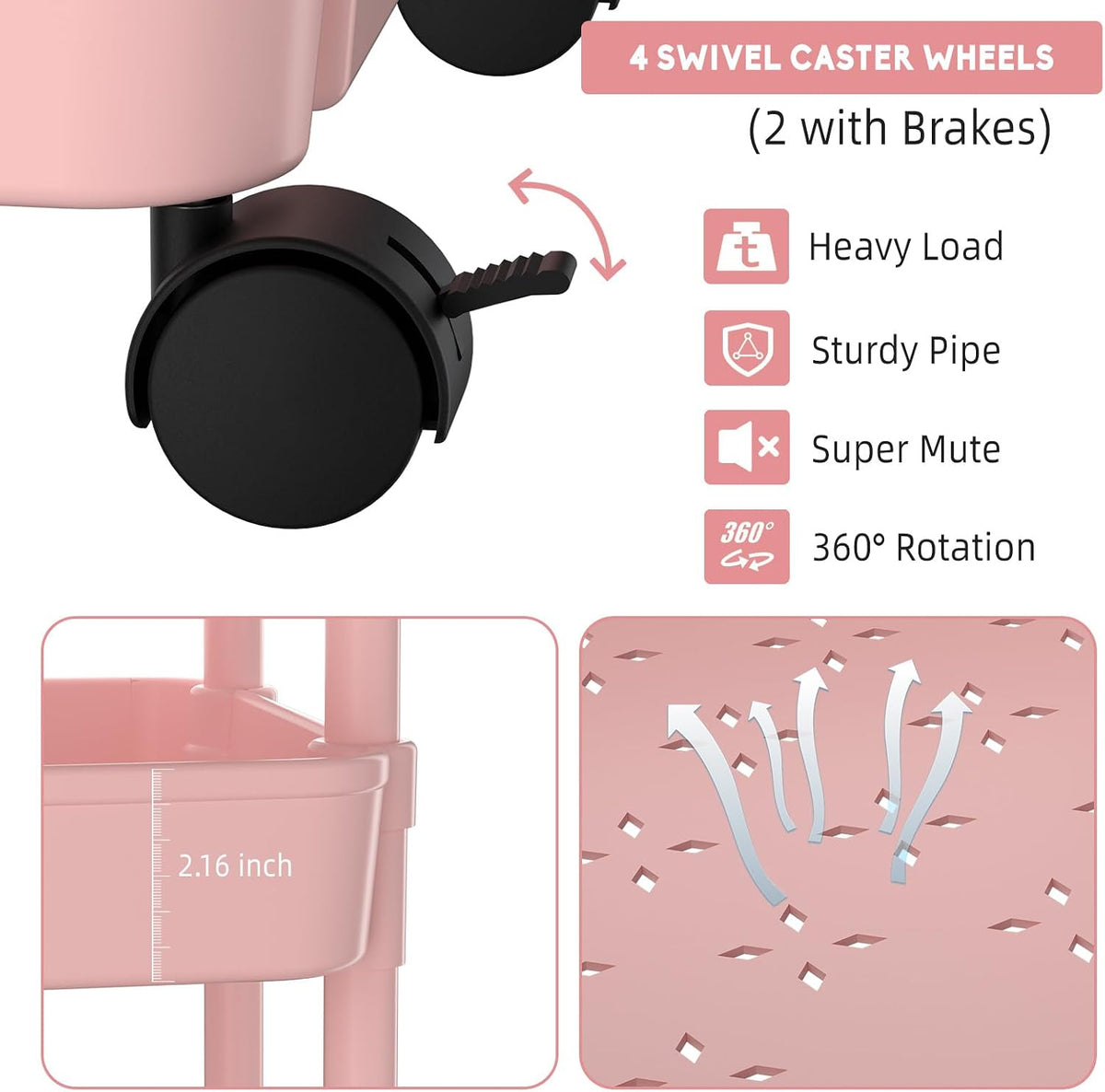 Diaper Caddy, 3 Tier Rolling Cart for Baby Essentials, Pink