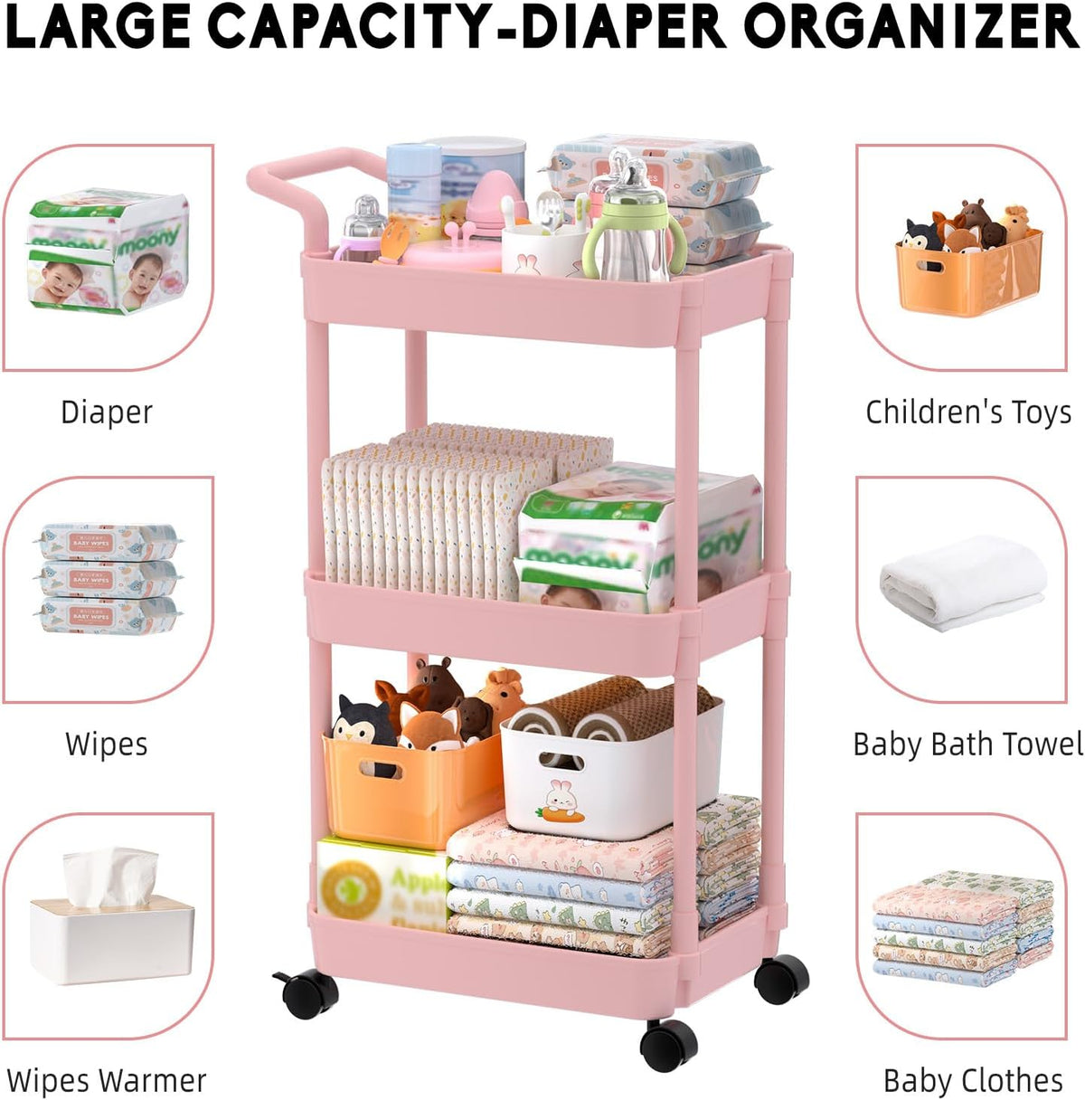 Diaper Caddy, 3 Tier Rolling Cart for Baby Essentials, Pink