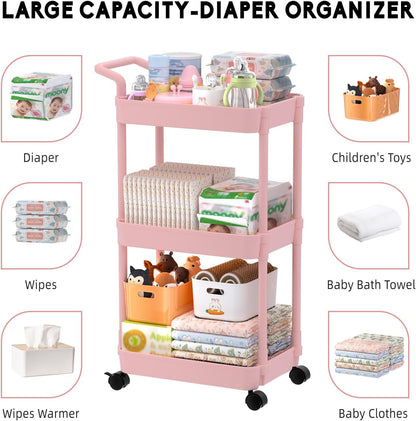 Diaper Caddy, 3 Tier Rolling Cart for Baby Essentials, Pink