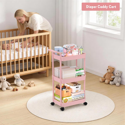 Diaper Caddy, 3 Tier Rolling Cart for Baby Essentials, Pink