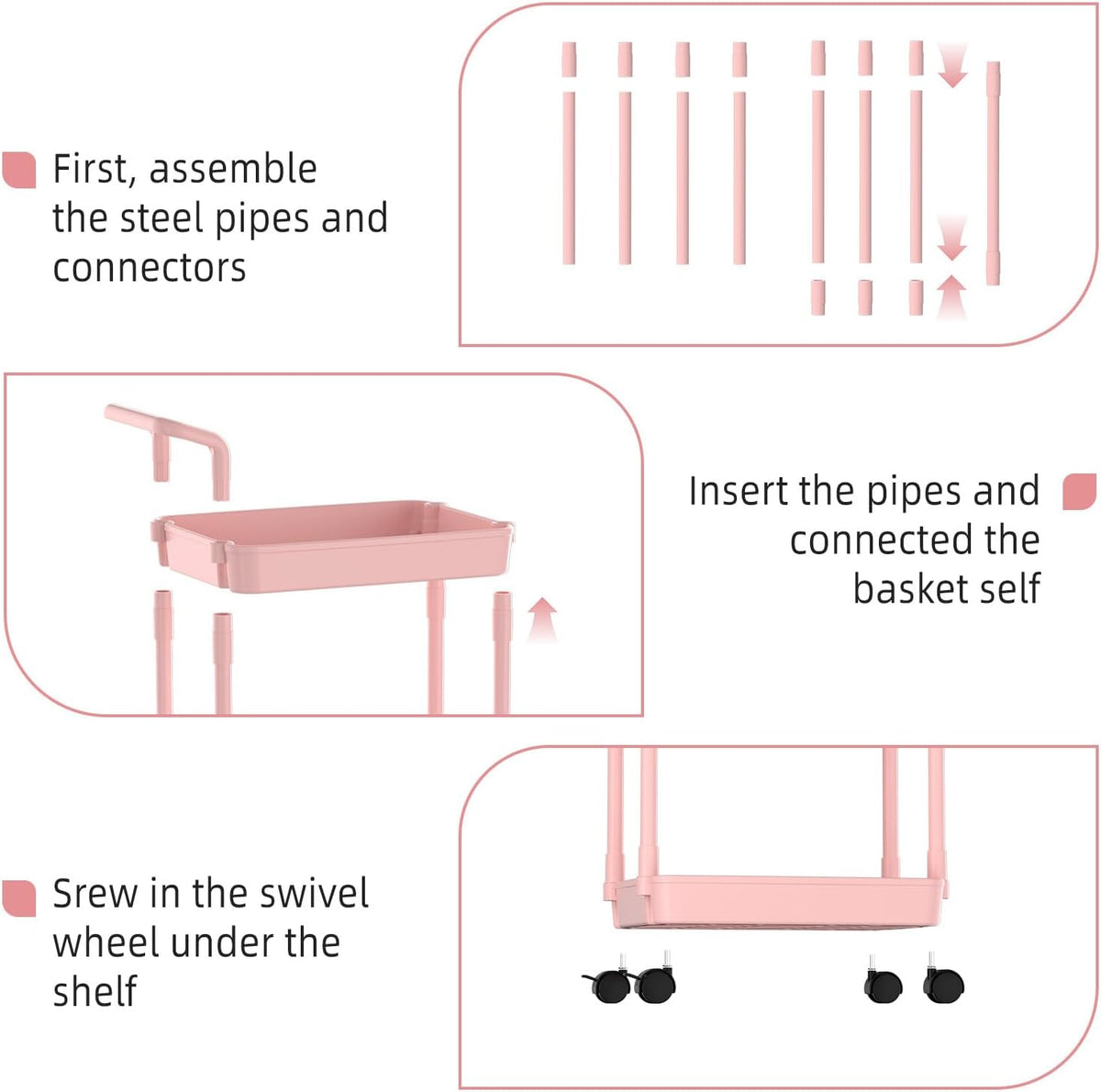 Diaper Caddy, 3 Tier Rolling Cart for Baby Essentials, Pink