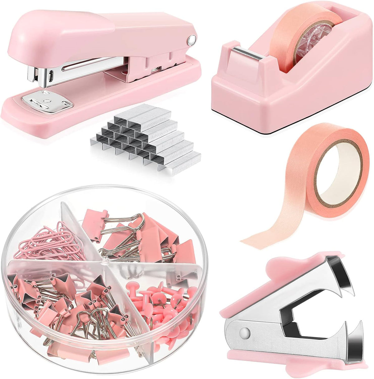 Office Supplies Set Desk Accessory Kit Include Stapler, Staples, Staple Remover, Tape Dispenser, 22 Binder Clips, 30 Paper Clips, 20 Push Pins, 2 Rolls Tape, for Women (Pink)