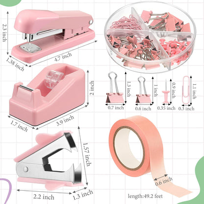 Office Supplies Set Desk Accessory Kit Include Stapler, Staples, Staple Remover, Tape Dispenser, 22 Binder Clips, 30 Paper Clips, 20 Push Pins, 2 Rolls Tape, for Women (Pink)
