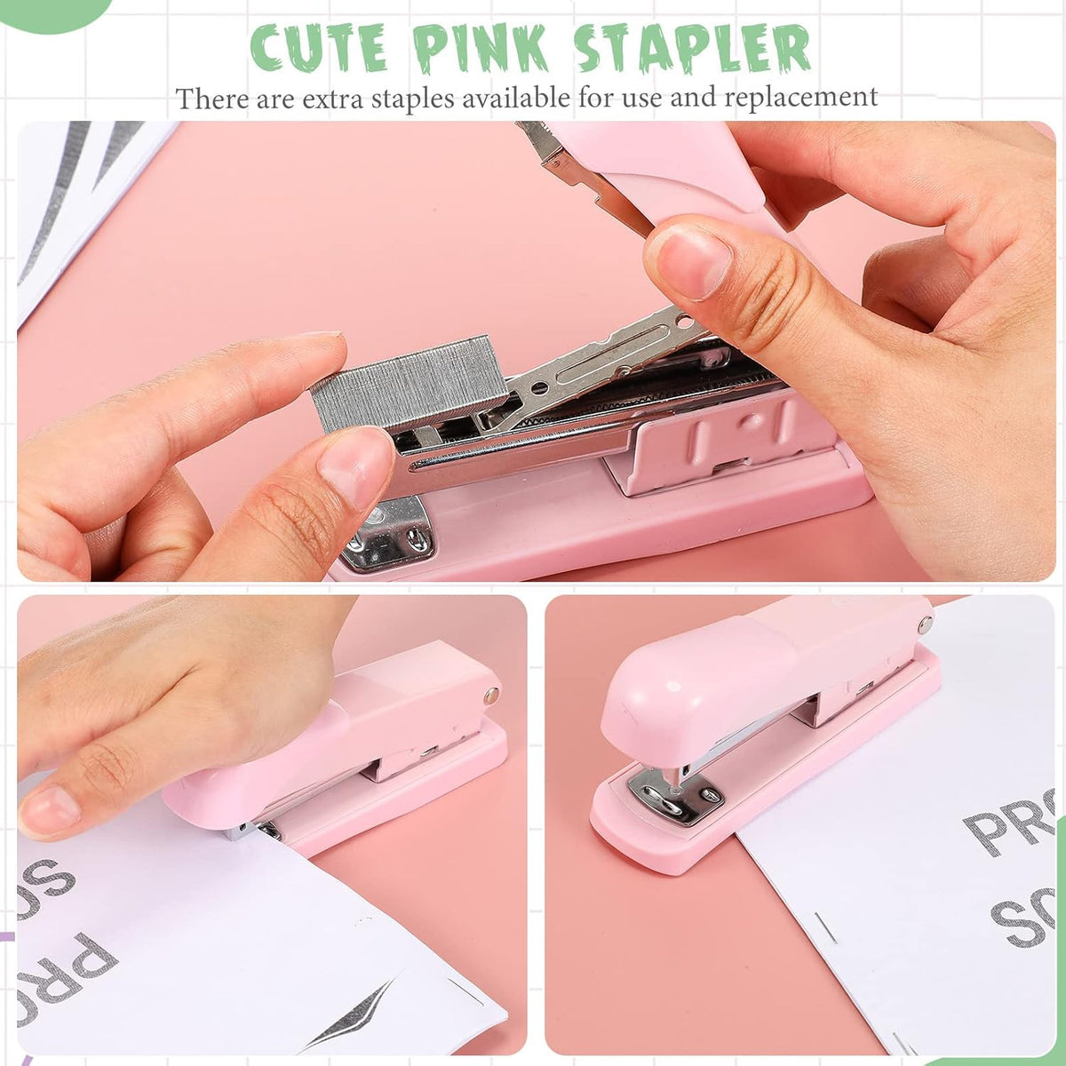Office Supplies Set Desk Accessory Kit Include Stapler, Staples, Staple Remover, Tape Dispenser, 22 Binder Clips, 30 Paper Clips, 20 Push Pins, 2 Rolls Tape, for Women (Pink)