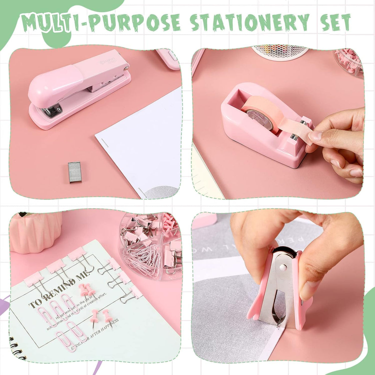 Office Supplies Set Desk Accessory Kit Include Stapler, Staples, Staple Remover, Tape Dispenser, 22 Binder Clips, 30 Paper Clips, 20 Push Pins, 2 Rolls Tape, for Women (Pink)