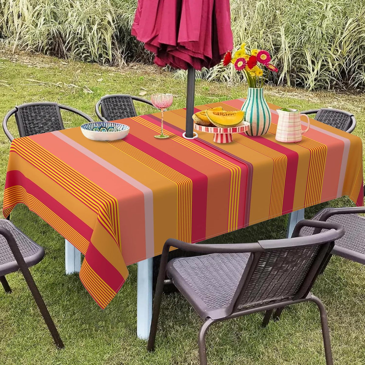 Outdoor Tablecloth with Umbrella Hole and Zipper, Yellow Pink Stripe Table Cloth Rectangle 60×84 Inch Waterproof Fade Resistant Patio Table Cover for Spring Summer Garden Picnic Dinner