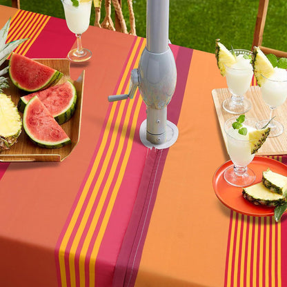 Outdoor Tablecloth with Umbrella Hole and Zipper, Yellow Pink Stripe Table Cloth Rectangle 60×84 Inch Waterproof Fade Resistant Patio Table Cover for Spring Summer Garden Picnic Dinner
