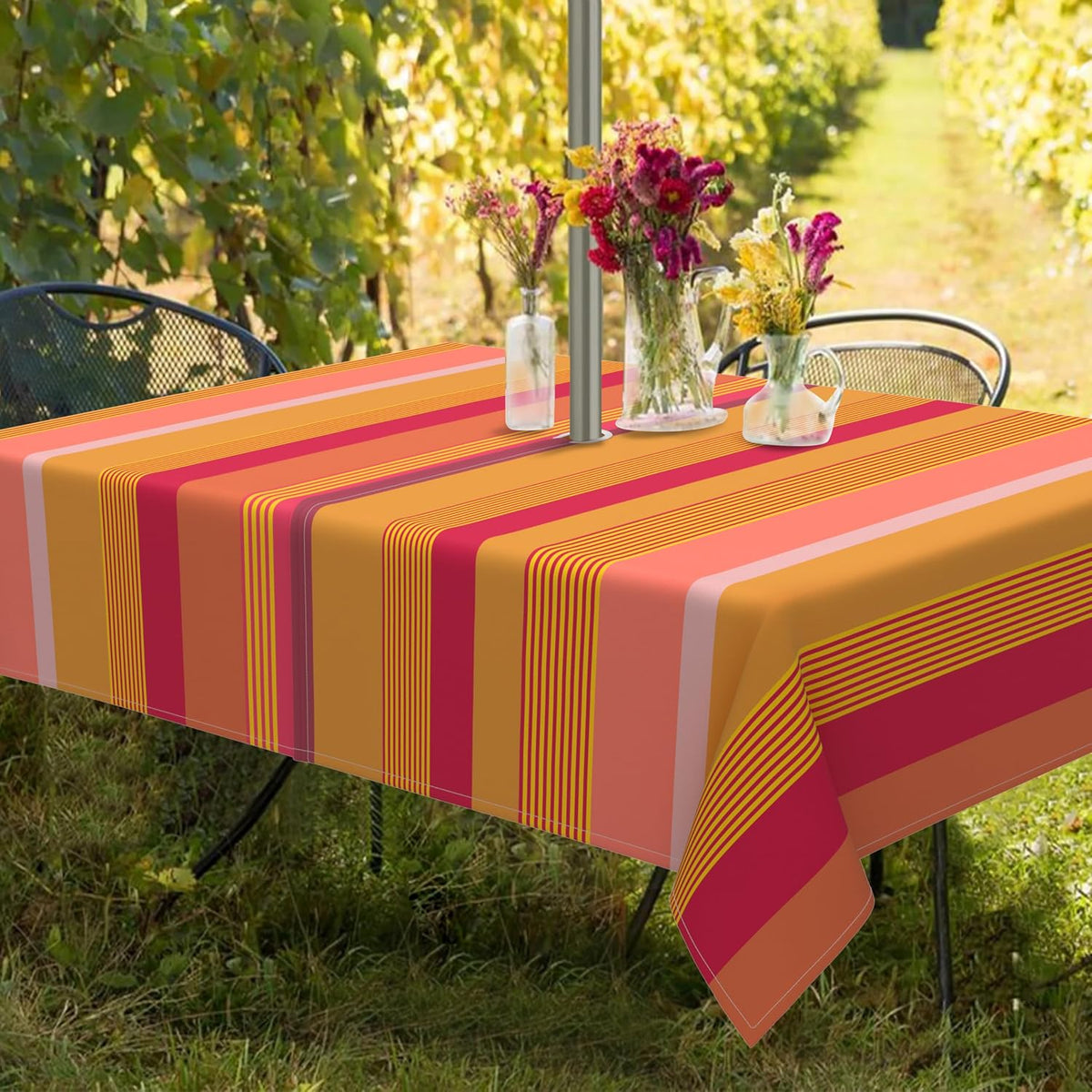 Outdoor Tablecloth with Umbrella Hole and Zipper, Yellow Pink Stripe Table Cloth Rectangle 60×84 Inch Waterproof Fade Resistant Patio Table Cover for Spring Summer Garden Picnic Dinner