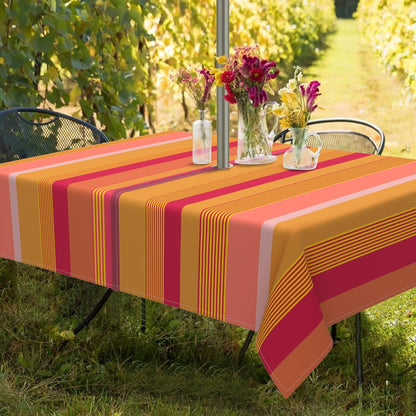 Outdoor Tablecloth with Umbrella Hole and Zipper, Yellow Pink Stripe Table Cloth Rectangle 60×84 Inch Waterproof Fade Resistant Patio Table Cover for Spring Summer Garden Picnic Dinner